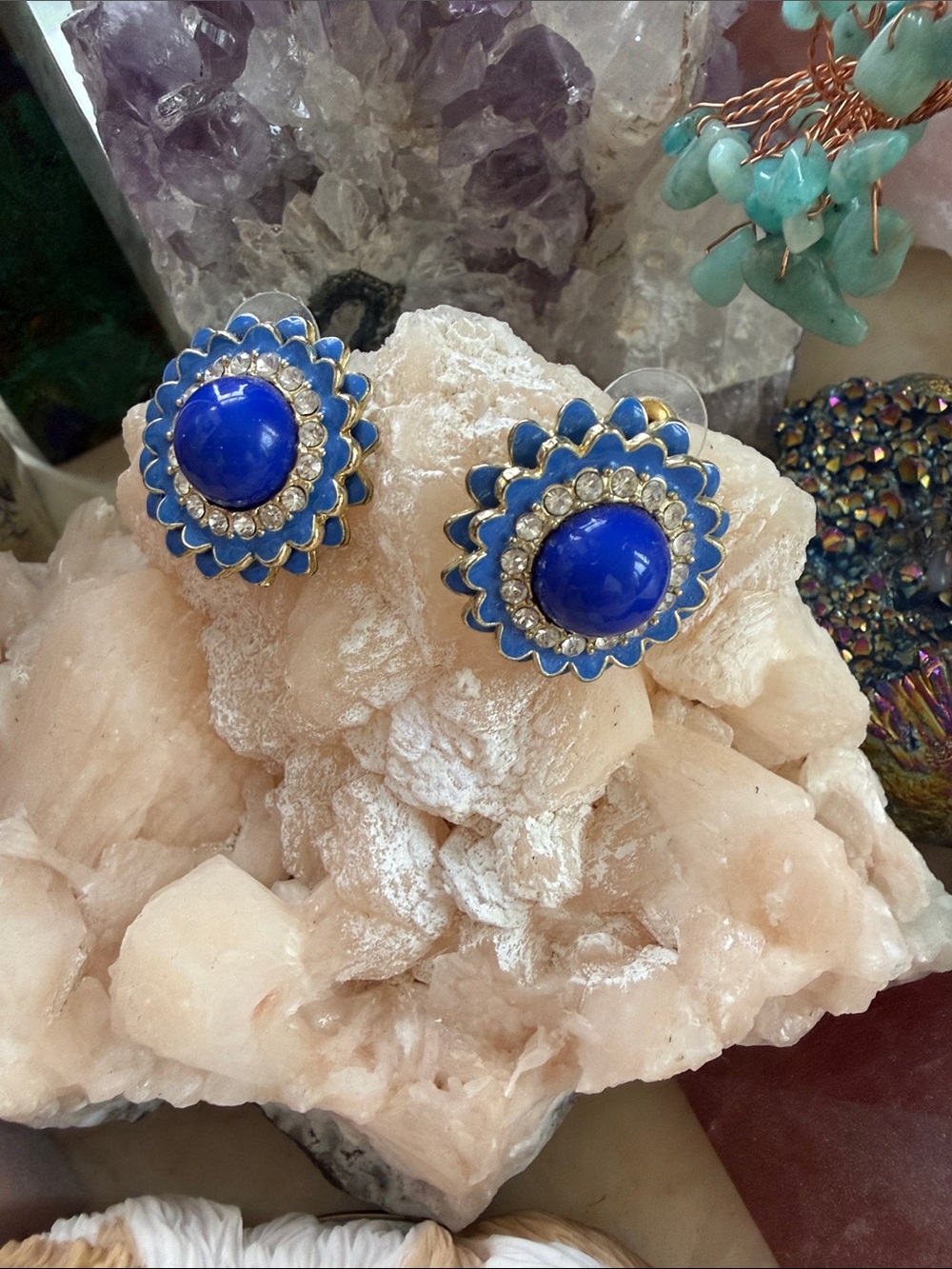 Blue Floral Cabochon Earrings - Unbranded